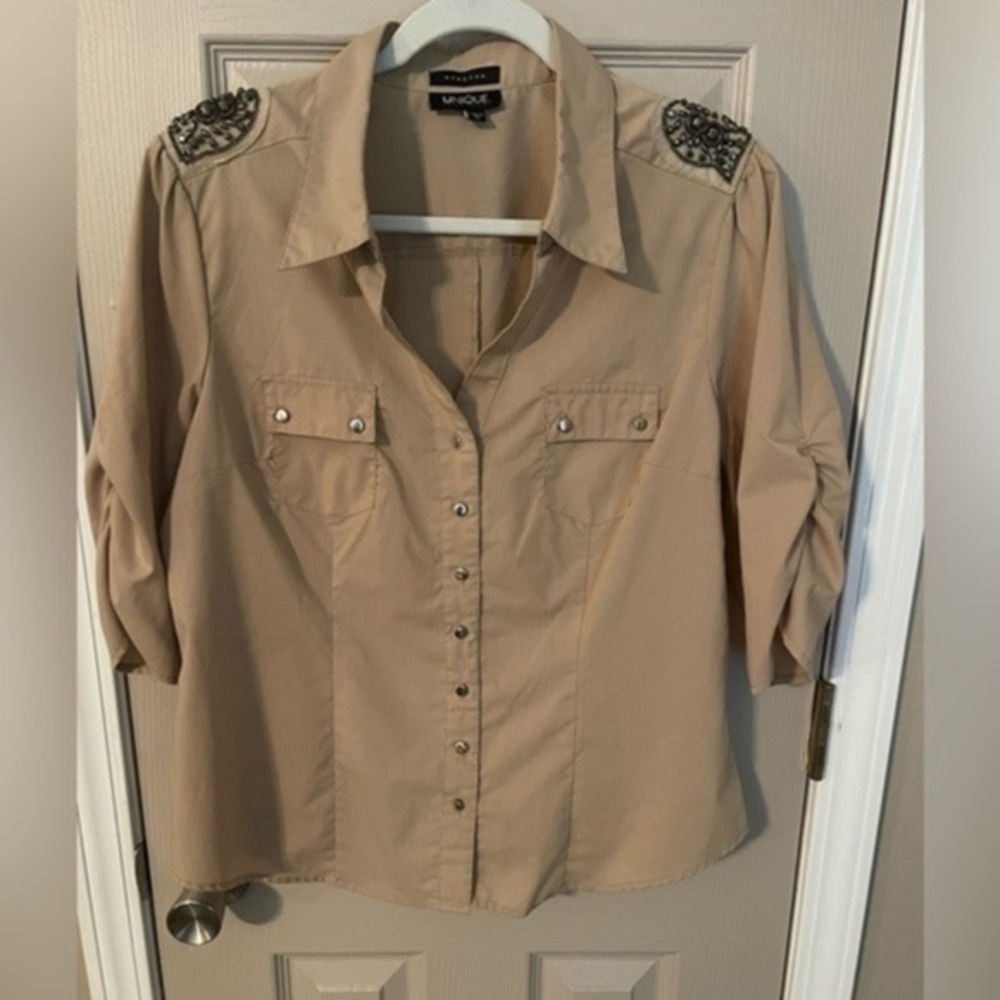 Unique Spectrum Button Down, 3/4 Sleeve Top with Beadwork Shoulder Details.​